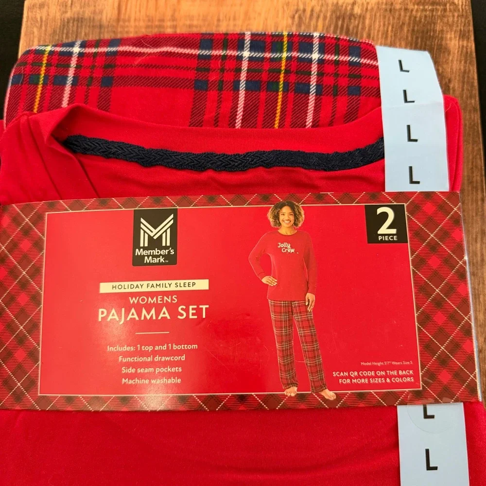 Member's Mark Womens Pajama Set Red Jolly Crew Plaid Holiday L 12-14 MM728559